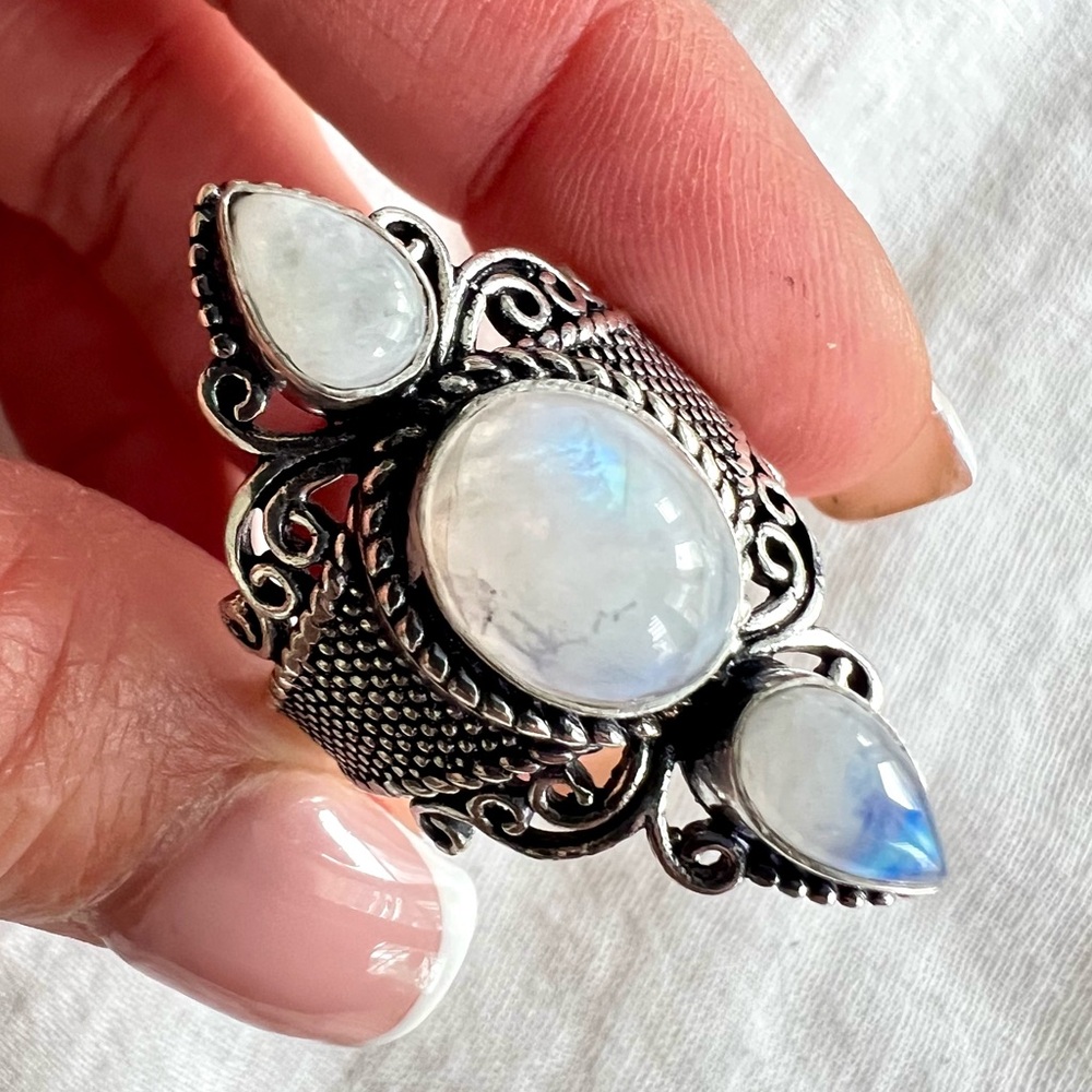 925 OMG! Gorgeous! Triple Rainbow Flash Moonstone Ring 6 7 8 9 10 - Picture 2 of 11